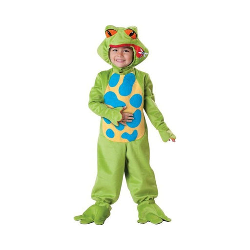 Disfraz de rana infantil Lil' Froggy, enterito verde con manchas azules y capucha de rana con ojos naranjos