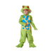 Disfraz de rana infantil Lil' Froggy, enterito verde con manchas azules y capucha de rana con ojos naranjos