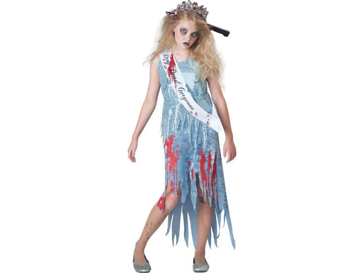 Disfraz reina del horror zombie para niña, vestido celeste desflecado con manchas de sangre y banda