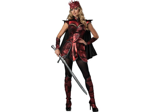 Disfraz de reina guerrera del dragón para mujer, vestido rojo con detalles de armadura, capa negra y corona roja
