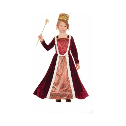 Disfraz de reina medieval para niña, vestido largo burdeo con ribetes blancos y panel delantero dorado