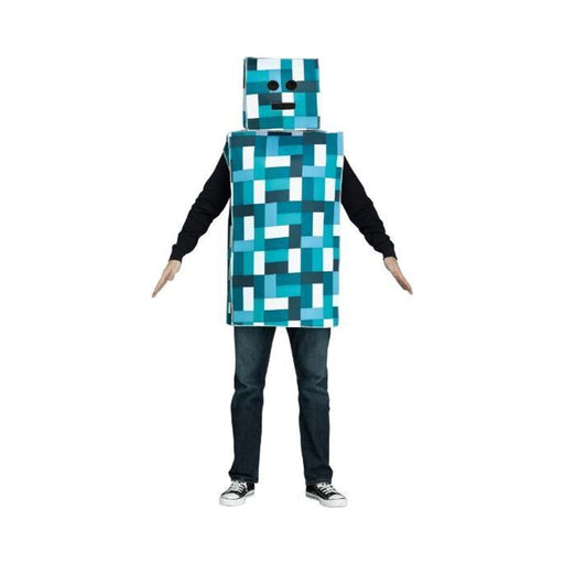 Disfraz Robot Pixel azul, túnica cuadrada con píxeles celestes y máscara de cubo a juego