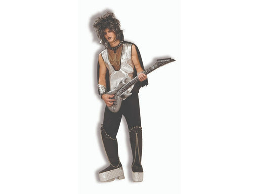 Disfraz de rockero para hombre, polera plateada sin mangas, capa y pantalón negro con cubrebotas plateados