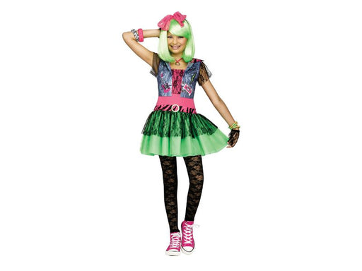 Disfraz Rockin 80s para niña, vestido con chaleco de mezclilla estampado, falda de tul verde neón y cintillo con moño