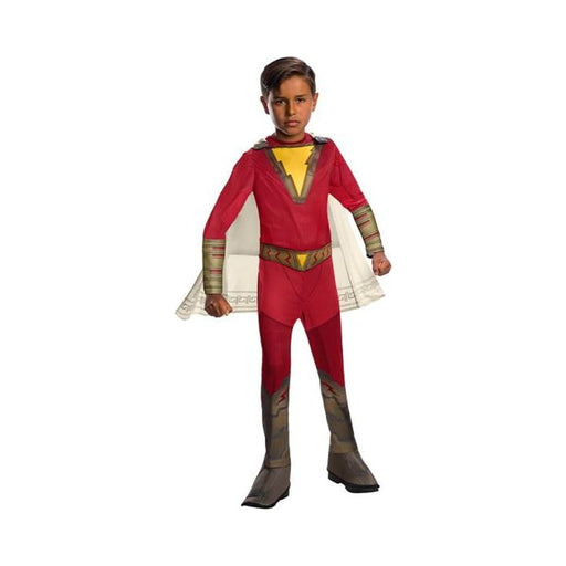 Disfraz de Shazam para niño, traje rojo con rayo dorado, capa blanca, cinturón y cubrebotas
