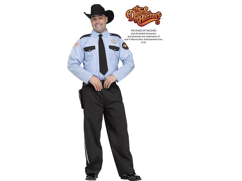 Disfraz Sheriff Rosco para hombre, camisa celeste con placa, corbata negra, pantalón negro y sombrero
