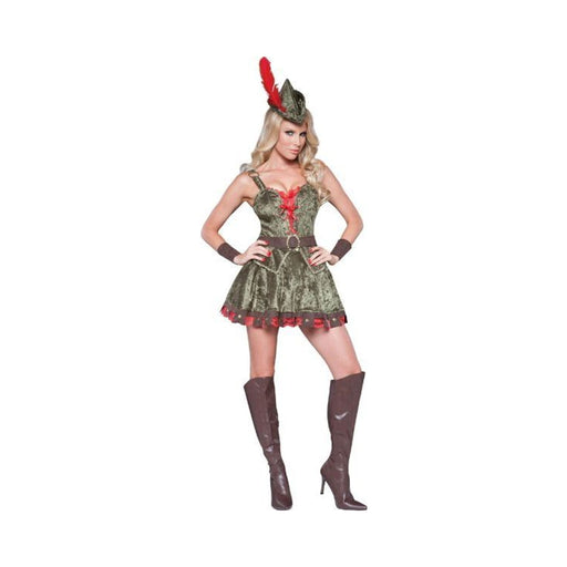Disfraz Sherwood Sweetie para mujer inspirado en Robin Hood, vestido corto verde con cinturón café y sombrero con pluma roja
