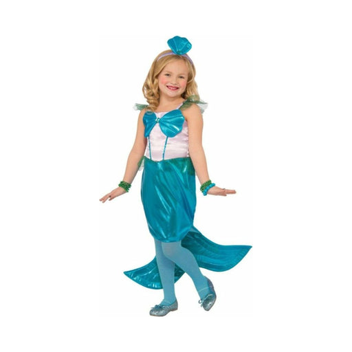 Niña con disfraz de sirena Aquaria, vestido turquesa brillante con cola de sirena y lazo en el pecho