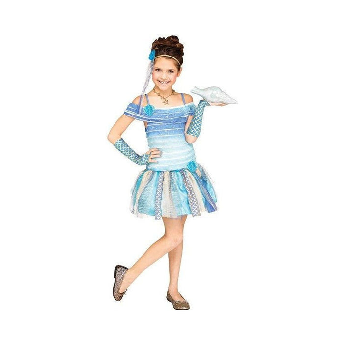 Disfraz de sirena para niña, vestido corto azul y celeste con falda de tul y cintas