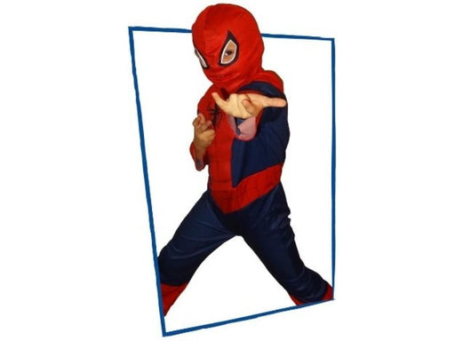 Niño con disfraz básico de Spiderman, traje rojo y azul con capucha tipo máscara