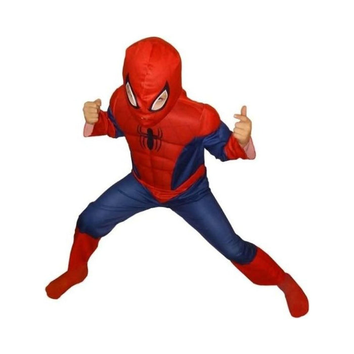 Niño con disfraz deluxe de Spiderman con músculos, traje rojo y azul con capucha tipo máscara