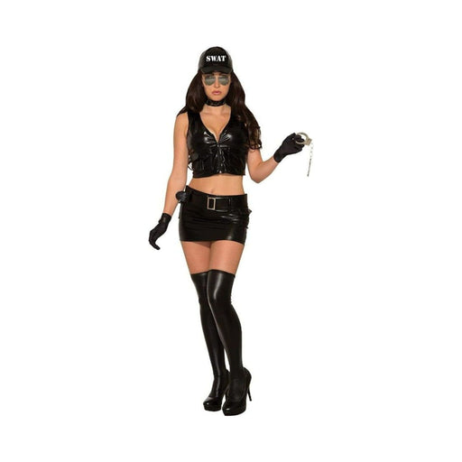 Disfraz S.W.A.T. sexy para mujer, top corto negro, falda corta con cinturón y gorra negra SWAT