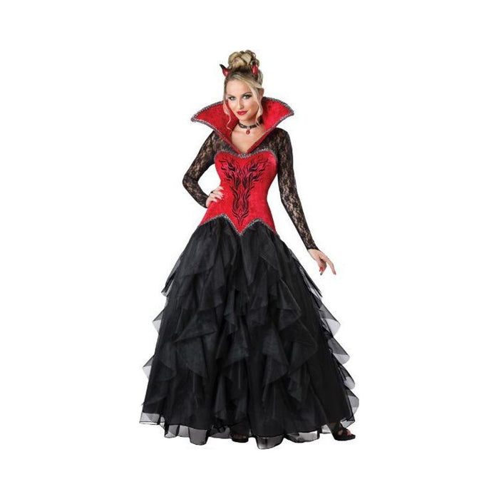 Disfraz Tentadora Diabólica para mujer, vestido largo rojo y negro con mangas de encaje, cuello alto y cuernos