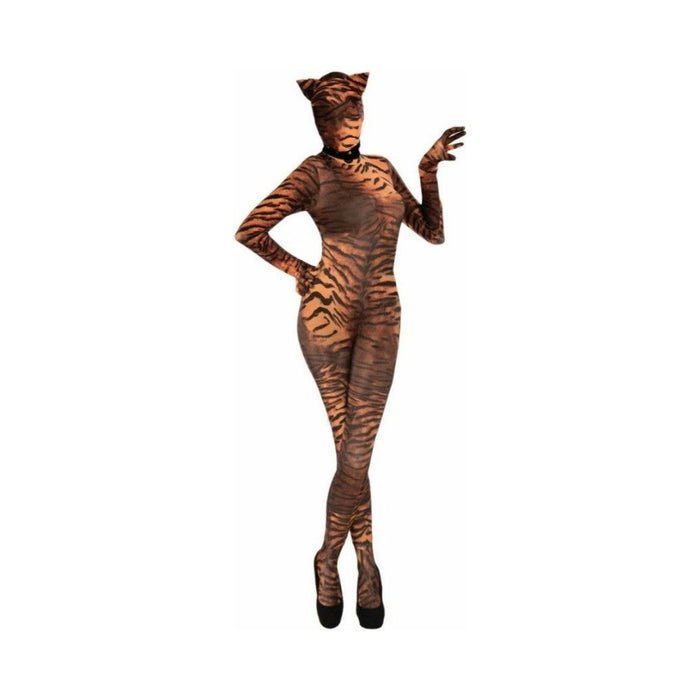Disfraz de tigresa para mujer, enterito pegado con estampado de tigre y capucha con orejas