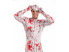 Disfraz de traje pegado sangriento para hombre, blanco con salpicaduras de sangre roja en todo el cuerpo