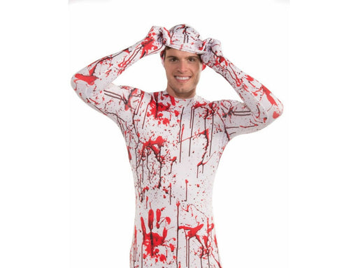 Disfraz de traje pegado sangriento para hombre, blanco con salpicaduras de sangre roja en todo el cuerpo
