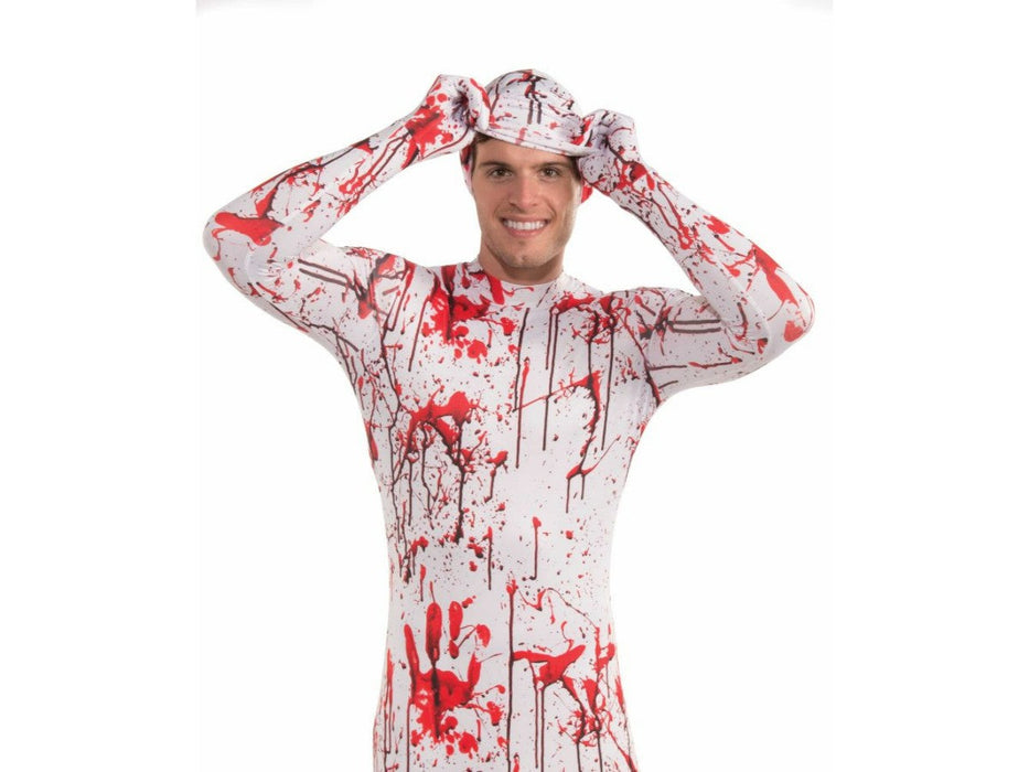Disfraz de traje pegado sangriento para hombre, blanco con salpicaduras de sangre roja en todo el cuerpo