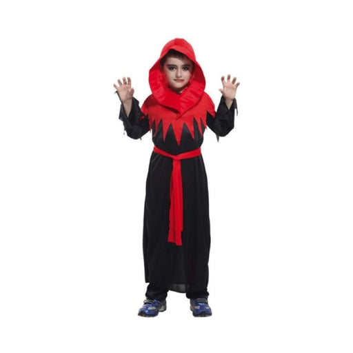 Disfraz túnica de Halloween para niño, negra con capucha y cinturón rojos