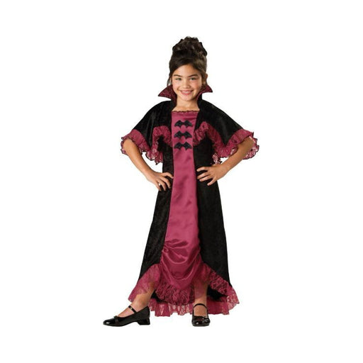 Disfraz de vampira para niña, vestido largo burdeo con encaje y capa negra de cuello alto