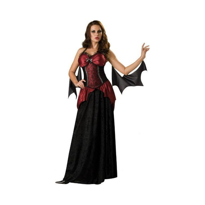 Disfraz de vampiresa para mujer, vestido largo negro con corpiño rojo y mangas de alas de murciélago