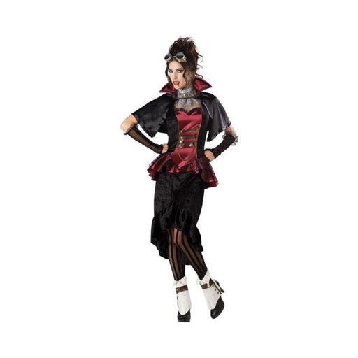 Disfraz de vampiresa steampunk para mujer, vestido rojo y negro con capa corta de cuello alto, mitones, cubrebotas blancos y gafas