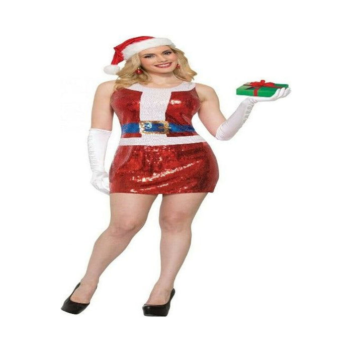 Disfraz de Viejita Pascuera para mujer, vestido rojo de lentejuelas con cinturón y gorro navideño