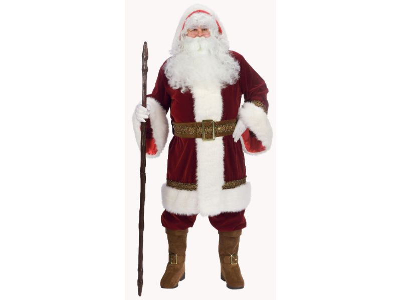 Disfraz de Viejito Pascuero Old Time para adulto, abrigo largo de terciopelo burdeo con capucha y ribete blanco