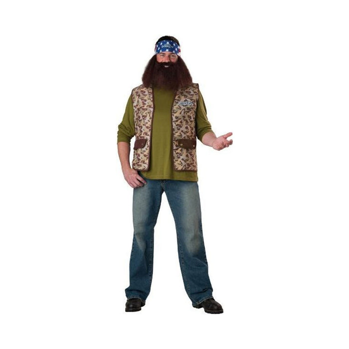Disfraz Willie Duck para hombre, chaleco camuflado, barba larga café y bandana
