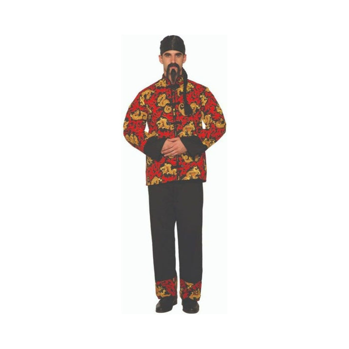 Disfraz Zen para hombre, chaqueta roja y negra con dragones dorados y pantalón negro