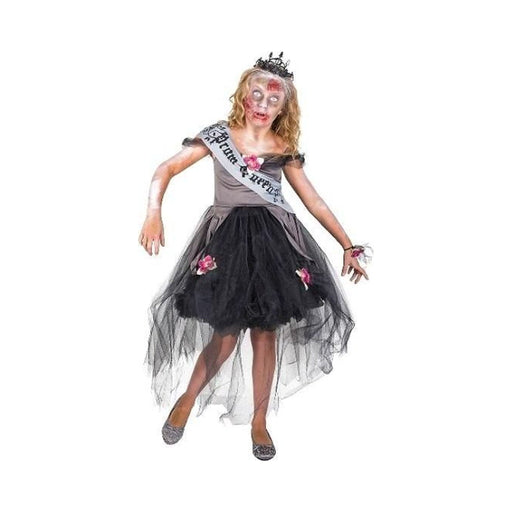 Disfraz zombie reina de graduación para niña, vestido gris y negro con tul, banda y corona