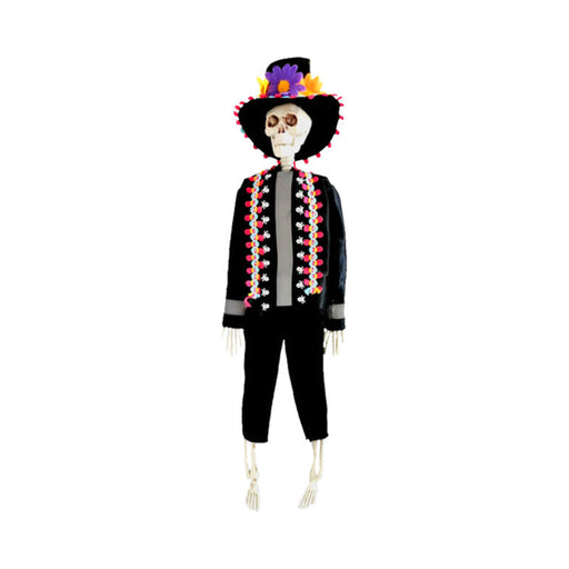 Esqueleto Catrina con sombrero negro con flores y traje negro bordado