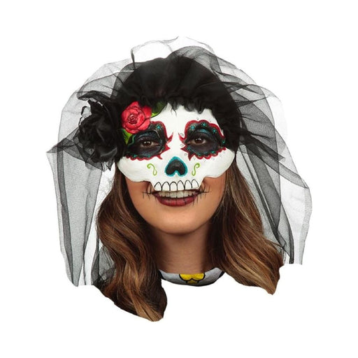 Media máscara de Catrina con velo negro, flores y detalles rojos y turquesa y rosa roja