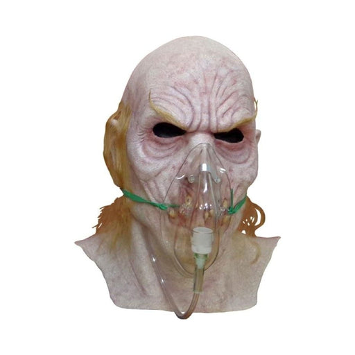Máscara Dr. Satan de cabeza completa con piel arrugada, mechones rubios y mascarilla de respiración transparente