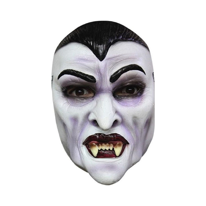 Máscara de Drácula de látex con rostro pálido, cejas negras, pelo en pico y colmillos
