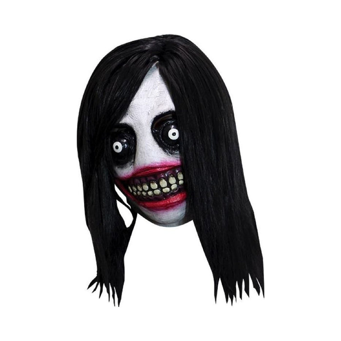 Máscara de Jeff The Killer de látex, cara blanca, ojos negros, sonrisa roja y pelo largo negro