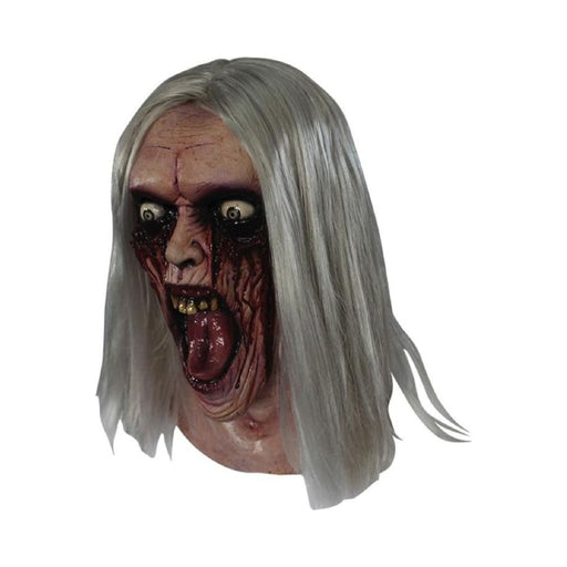 Máscara de La Llorona de látex con pelo largo canoso, boca abierta y ojos con sangre