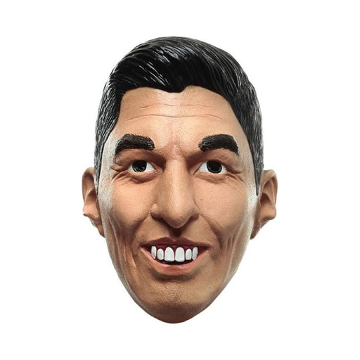 Máscara de látex de Luis Suárez con pelo negro peinado hacia atrás y sonrisa