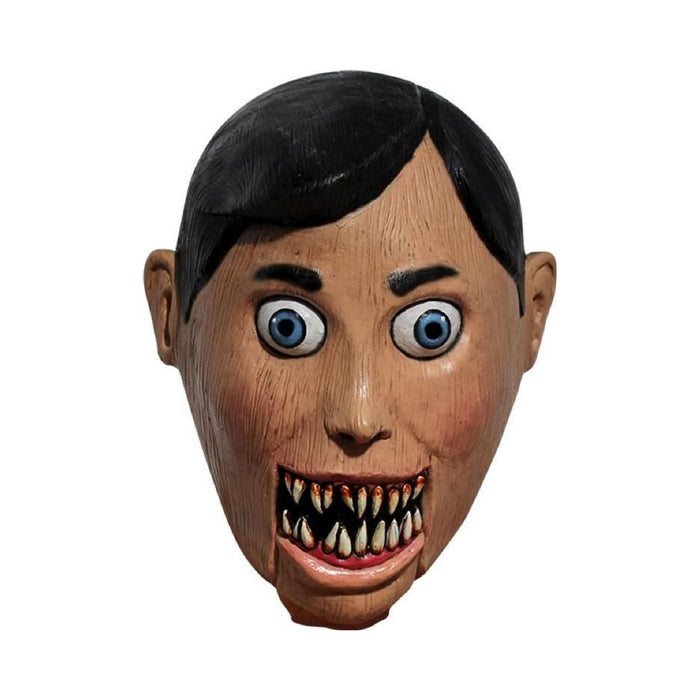 Máscara de marioneta diabólica de látex con pelo negro pintado, ojos azules y dientes afilados