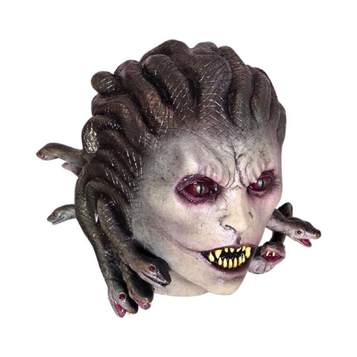 Máscara de Medusa de látex con serpientes en la cabeza, ojos rojos y colmillos