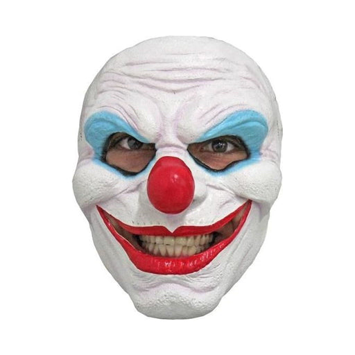 Máscara de payaso diabólico blanca con sombras celestes, nariz roja y sonrisa con dientes