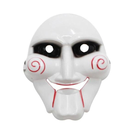 Máscara blanca de plástico del muñeco de Saw con espirales rojas en las mejillas