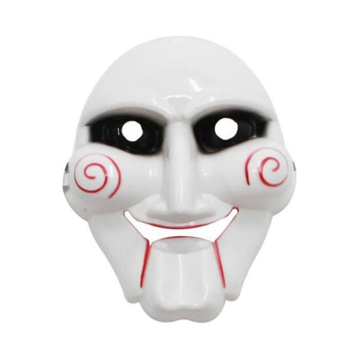 Máscara blanca de plástico del muñeco de Saw con espirales rojas en las mejillas