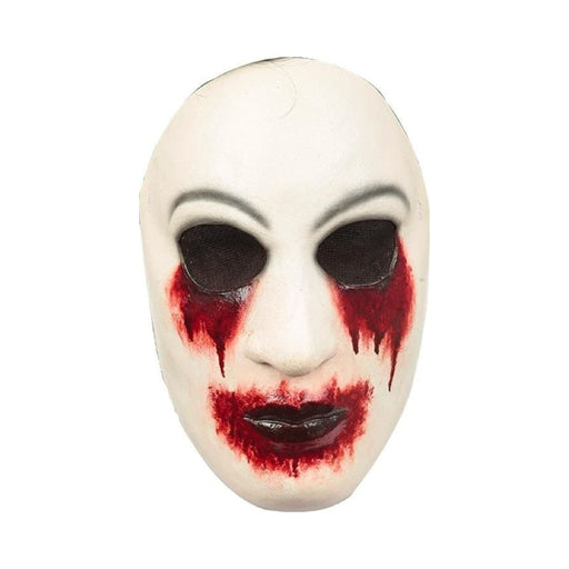 Máscara Zalgo de látex, cara blanca con ojos negros y lágrimas y boca manchadas de sangre