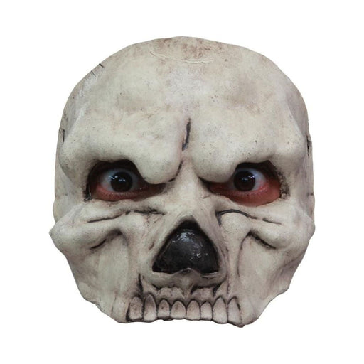 Media máscara de calavera blanca que cubre frente, ojos y nariz, sin mandíbula