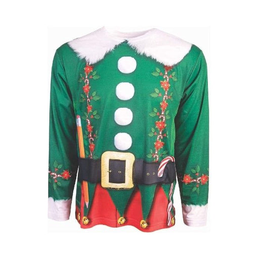 Polera de elfo para niño verde de manga larga con estampado de cinturón negro, botones blancos y cuello blanco
