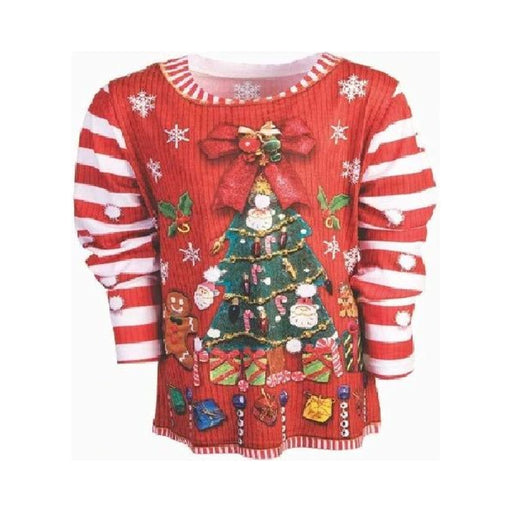 Polera navideña para niña roja con estampado de árbol de Navidad y mangas a rayas rojas y blancas