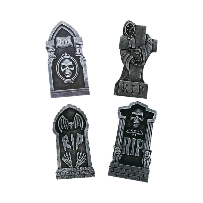 Set de 4 tumbas decorativas grises con inscripción RIP y calaveras