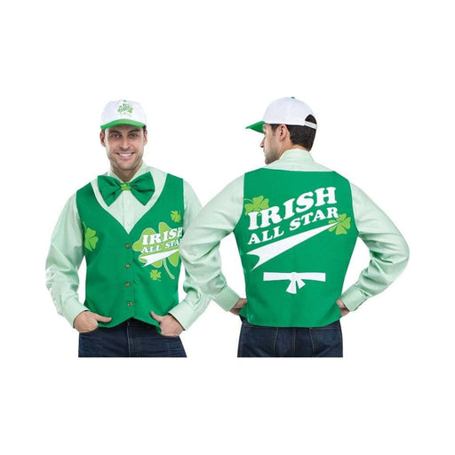 Set Irish All Star para hombre, chaleco verde con tréboles y letras Irish All Star, corbatín verde y jockey